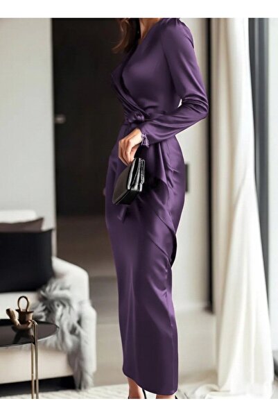 JANES Women's Long Sleeve Double-Breasted Collar Belted Waist Long Satin Dress