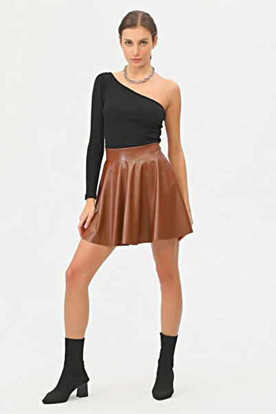 buğrahayalin Women's Mini Flared Tan Colored Faux Leather Skirt