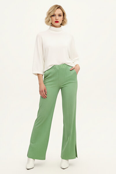 evolise Mint Green Crepe Fabric High Waist Wide Leg Women's Trousers