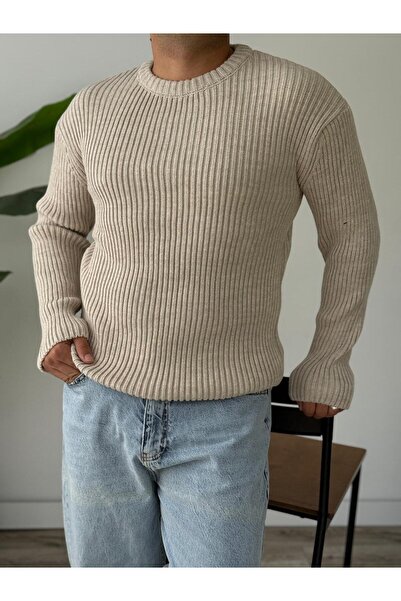 Tarz Cool Men's Light Beige Regular Crew Neck Knitwear Sweater