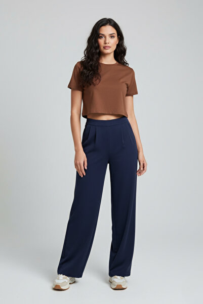 buğrahayalin Women's High Waist Pencil Crepe Palazzo Pants – Navy Blue