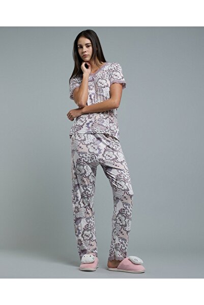 R&B طقم بيجامة نسائي مطبوع البنفسجي