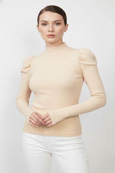 evolise Turtleneck Finger-Looped Ribbed Knit Princess Sleeve Blouse - Beige