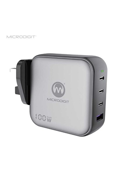 Microdigit 100W GaN travel adapter with 3 PD ports and a USB port, suitable for all devices and provides fast charging.