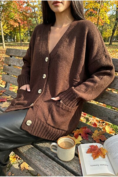 FEMELLE Brown Double Pocket Buttoned Off Shoulder Standard Size Oversized Knitwear Cardigan