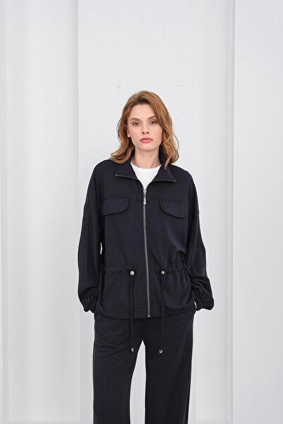 Basicpark Dark Navy Blue Women's Full-Length Zippered Mock Neck Piece Premium Modal Top and Bottom Set