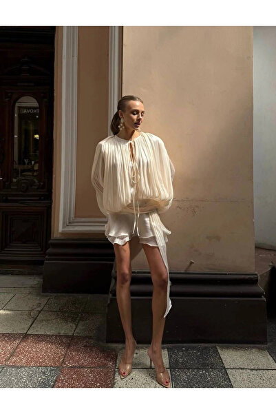 Bak Moda Φόρεμα βάτα τεμαχίων από τούλι ζακάρ κρεμ