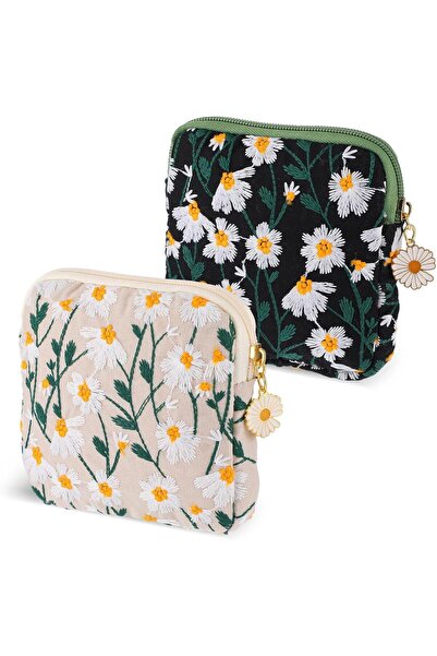 EXCEFORE حقيبة تخزين فوط صحية قطنية مطرزة بنقشة زهور لكأس الحيض (عبوة من قطعتين)