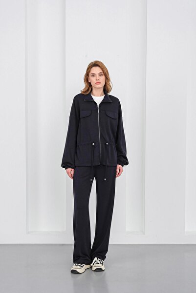 Basicpark Dark Navy Blue Women's Full-Length Zippered Mock Neck Piece Premium Modal Top and Bottom Set