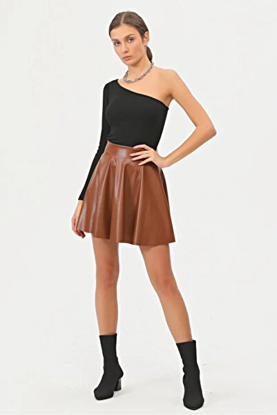 buğrahayalin Women's Mini Flared Tan Colored Faux Leather Skirt