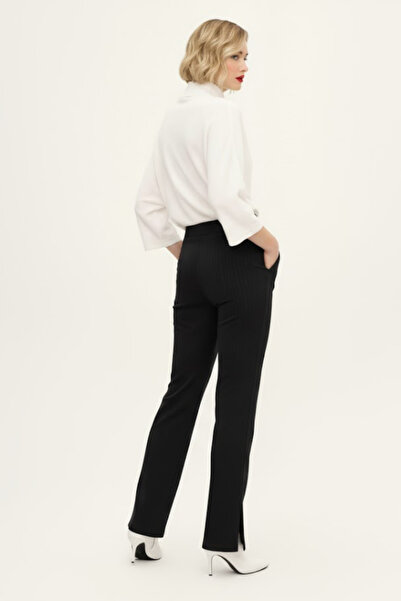 evolise Black Crepe Fabric High Waist Wide Leg Women's Trousers