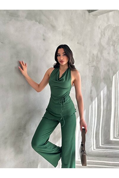 buğrahayalin Women's Green Degaje Collar Blouse and Pants Two-Piece Set