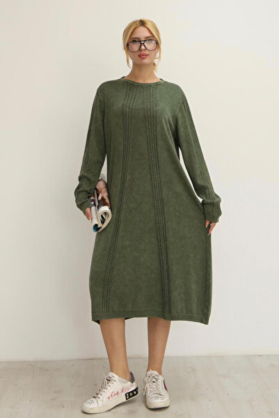 AYASOFYA OTANTIK Women's Khaki Round Neck Patterned Pocketed Vintage Loose Cotton Knit Midi Dress
