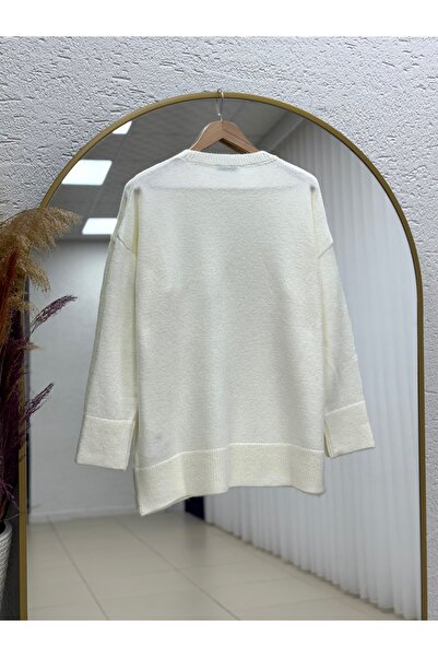 MİHRA STORE Finlayah Kol Ucu Ve Altı Corded Fabric Düz Oversized Knitwear Sweater-Kr5049 White