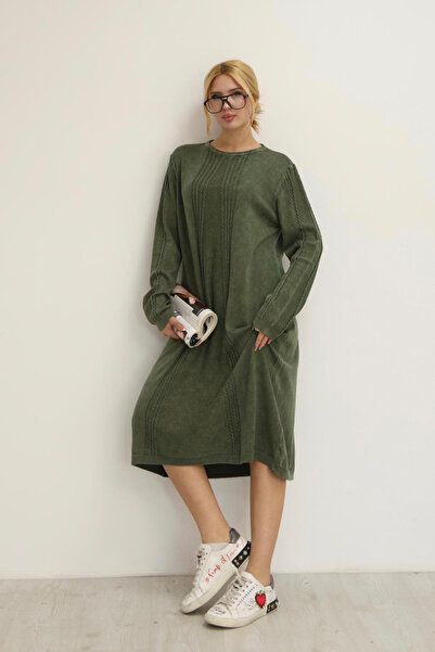 AYASOFYA OTANTIK Women's Khaki Round Neck Patterned Pocketed Vintage Loose Cotton Knit Midi Dress