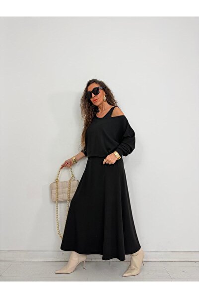 QİMYA BUTİK With a Bunch Women's Thick Strap Y Slit Sleeveless Dress over Long Sleeve Open Collar Short Blouse Two-Piece