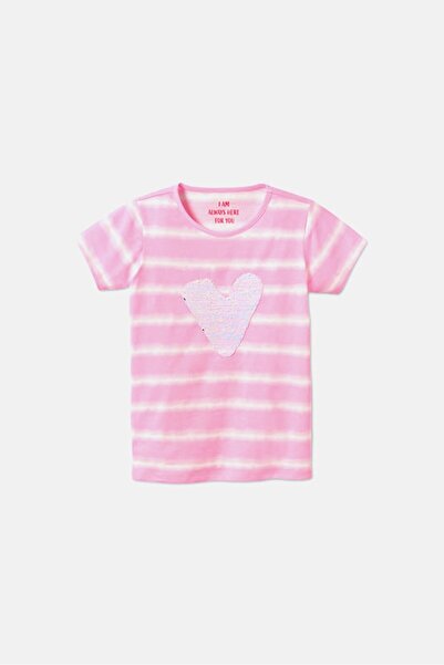 Tchibo Toddlers Girl Round Neck Sequined Detail Top, Pink and White