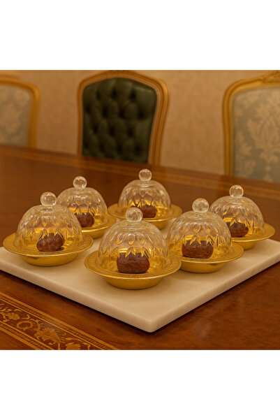 Dania ✨ Luxury 6-Piece Serving Container Set — Versatile | With Etched Glass Lid and Gold Base | Size 14 x 9 cm