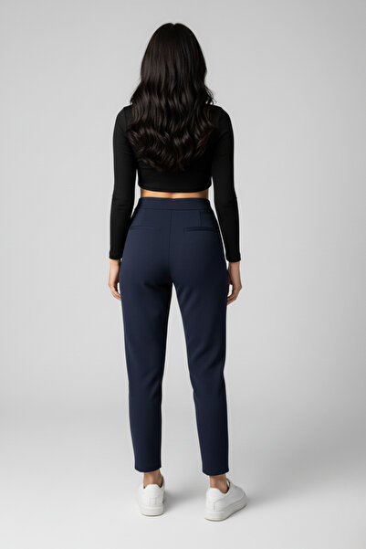 buğrahayalin Women's High Waist Double Button Carrot Model Ankle Length Crepe Trousers – Navy Blue