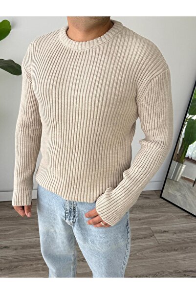 Tarz Cool Men's Light Beige Regular Crew Neck Knitwear Sweater