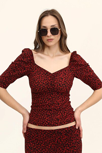 evolise Red Floral Patterned Heart Neck Gathered Blouse