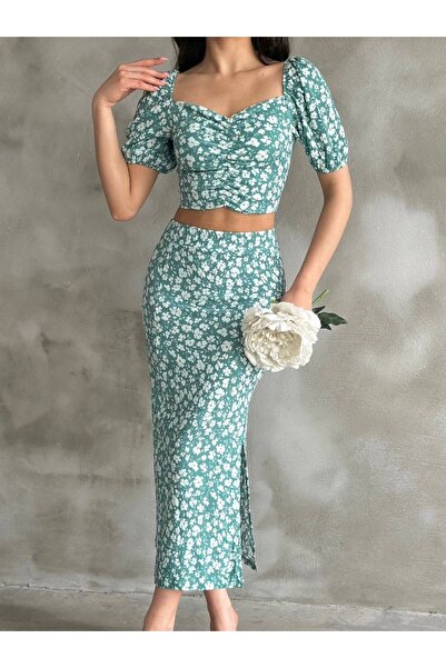 buğrahayalin Women's Green Floral Patterned Slit Skirted Crop Blouse Double Suit
