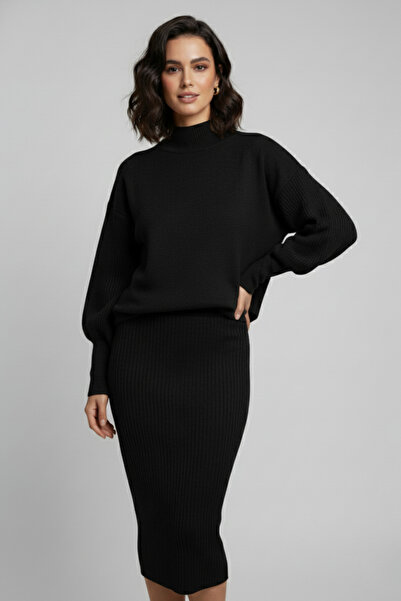 Genel Markalar Triko Siyah Kazak Ve Fitilli Elbise İkili Takım