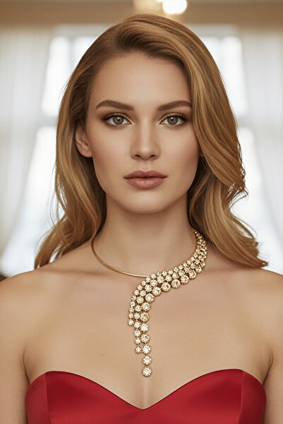 TAKIŞTIR Altın Renk Taş Detaylı Tasarım Abiye Kolye