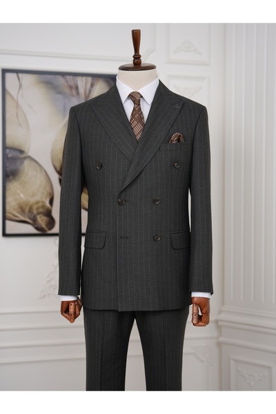 LONATOLİA Men's Slim Fit Italian Style Half-Lined Striped K Double-Breasted S...