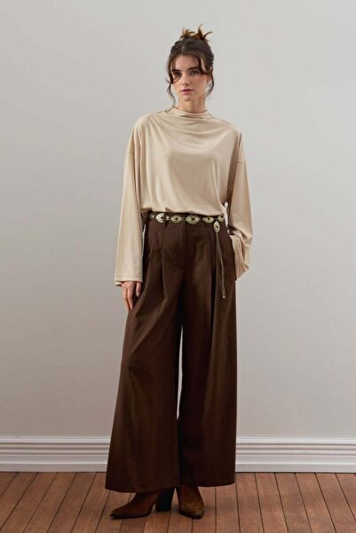 Ceylan Otantik Beige Jersey Blouse & Bitter Brown Pleated Detail Palazzo Pants