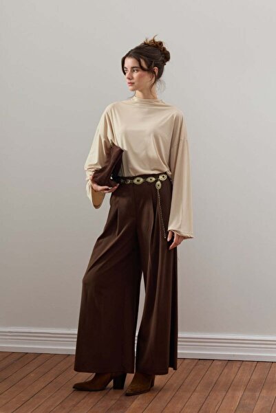 Ceylan Otantik Beige Jersey Blouse & Bitter Brown Pleated Detail Palazzo Pants
