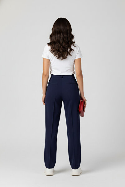 buğrahayalin Women's Modal piped High Waist Elastic Waist Wide Leg Trousers - Navy Blue