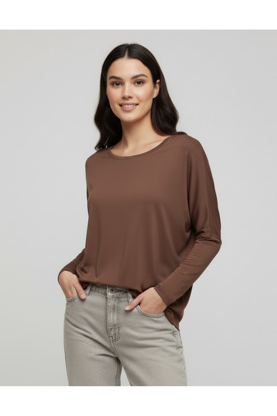 Giyimodam Brown Basic Long Sleeve Viscose Women's Blouse
