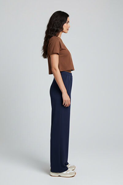 buğrahayalin Women's High Waist Pencil Crepe Palazzo Pants – Navy Blue