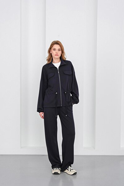 Basicpark Dark Navy Blue Women's Full-Length Zippered Mock Neck Piece Premium Modal Top and Bottom Set