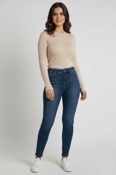 evolise Crew Neck Cut Out Stoned Corded Fabric Ribbed Knit Blouse - Cream