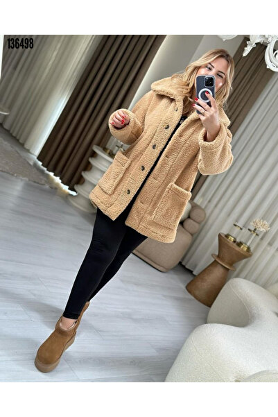 moda wanilia Fluffy Plush Coat Women's Long Sleeve Collared Front Buttoned