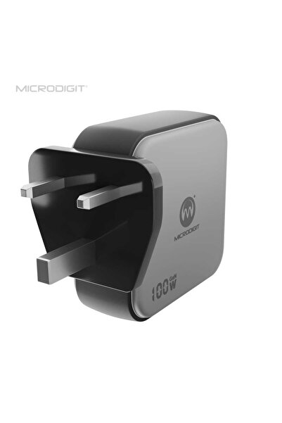 Microdigit 100W GaN travel adapter with 3 PD ports and a USB port, suitable for all devices and provides fast charging.