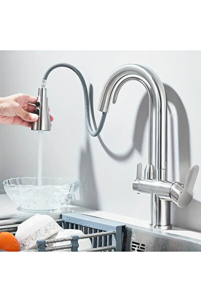 OEM 3-Way Kitchen Faucet with Filtered Water Spout, Pull-Out Spray, Brushed Silver (Code 1016-N)