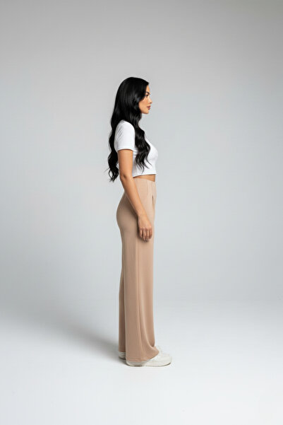 buğrahayalin Women's High Waist Pencil Wide Leg Crepe Palazzo Pants – Beige