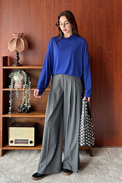 Ceylan Otantik Cobalt Blue Jersey Blouse & Anthracite Pleated Detail Palazzo Pants