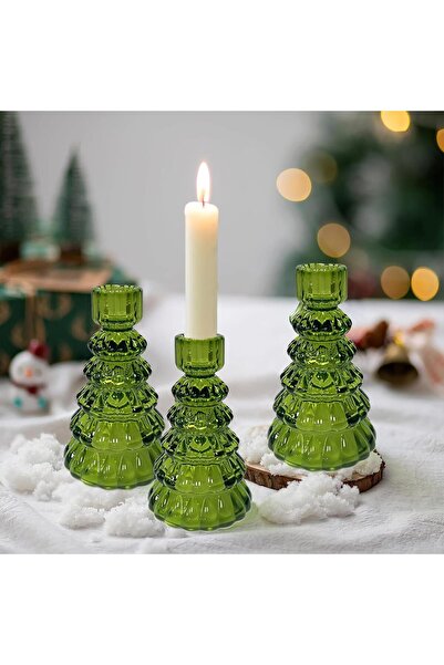 The Bros مجموعة من 3 حاملات شموع خضراء مدببة - شمعدانات شجرة عيد الميلاد من ز...