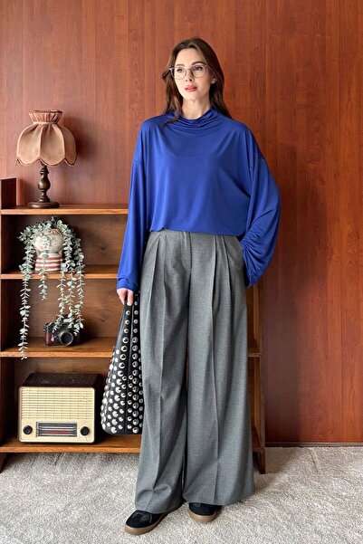 Ceylan Otantik Cobalt Blue Jersey Blouse & Anthracite Pleated Detail Palazzo Pants