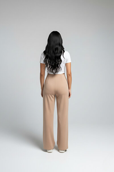 buğrahayalin Women's High Waist Pencil Wide Leg Crepe Palazzo Pants – Beige