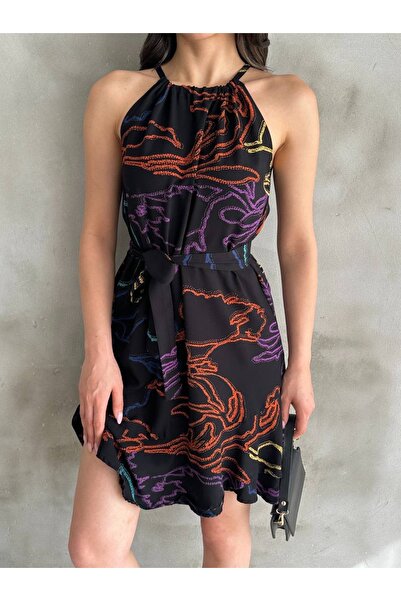 Hsc bilişim Women's Halter Neck Belted Patterned Flared Dress