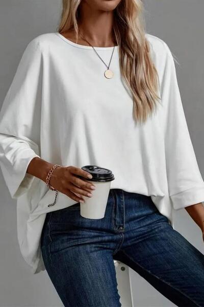 Mossta χαλαρή εφαρμογή Μπλούζα από βισκόζη με φαρδιά λαιμόκοψη - Λευκή
