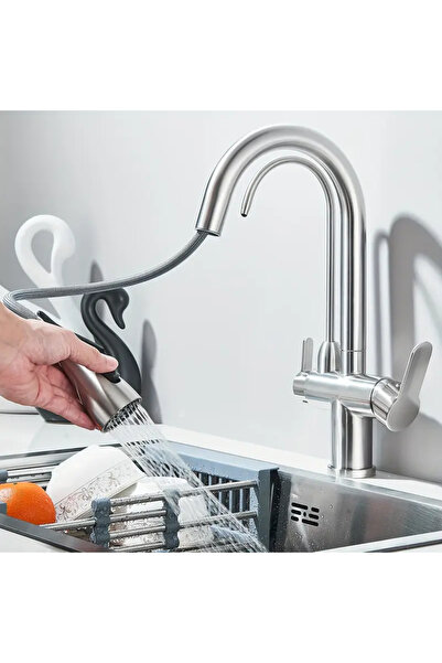 OEM 3-Way Kitchen Faucet with Filtered Water Spout, Pull-Out Spray, Brushed Silver (Code 1016-N)