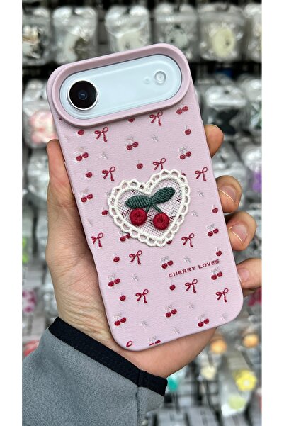 EDELFU غطاء حماية سيليكون لهاتف آيفون 17 بتصميم دانتيل الكرز الوردي مع فيونكة
