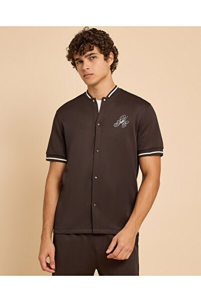 R&B Embroidery Detail Shirt With Stand Collar And Short Sleeves