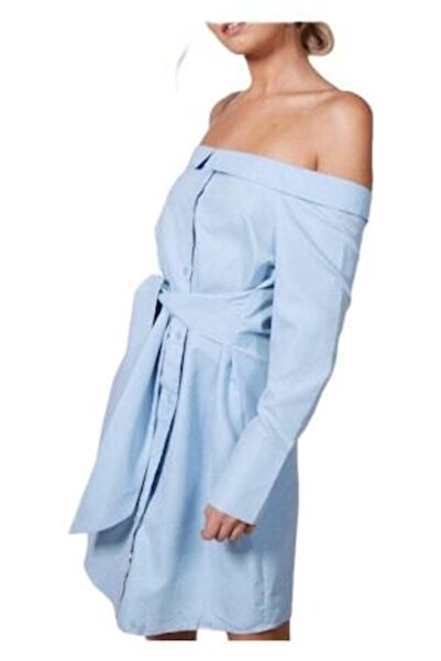 OEM Off-shoulder tie-front shirt dress, Light blue